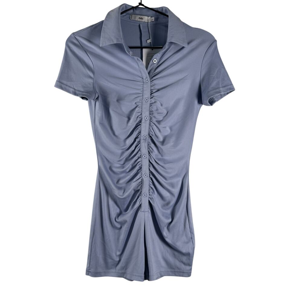 NWT Adika Womens Blue Collared Button Front Ruffle Casual Playsuit Romper Size S